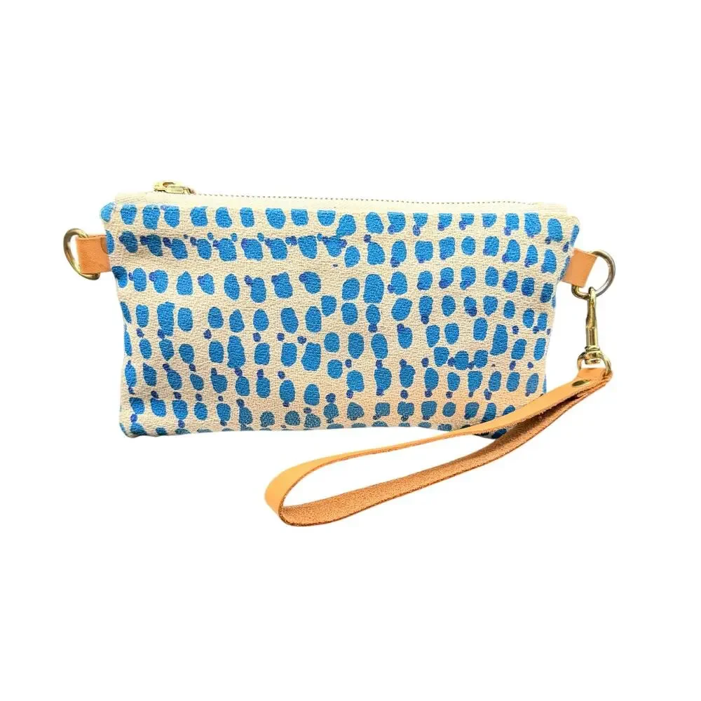Erin Flett Blue Dot Canvas Wristlet Clutch 8x4.5 Leather Strap